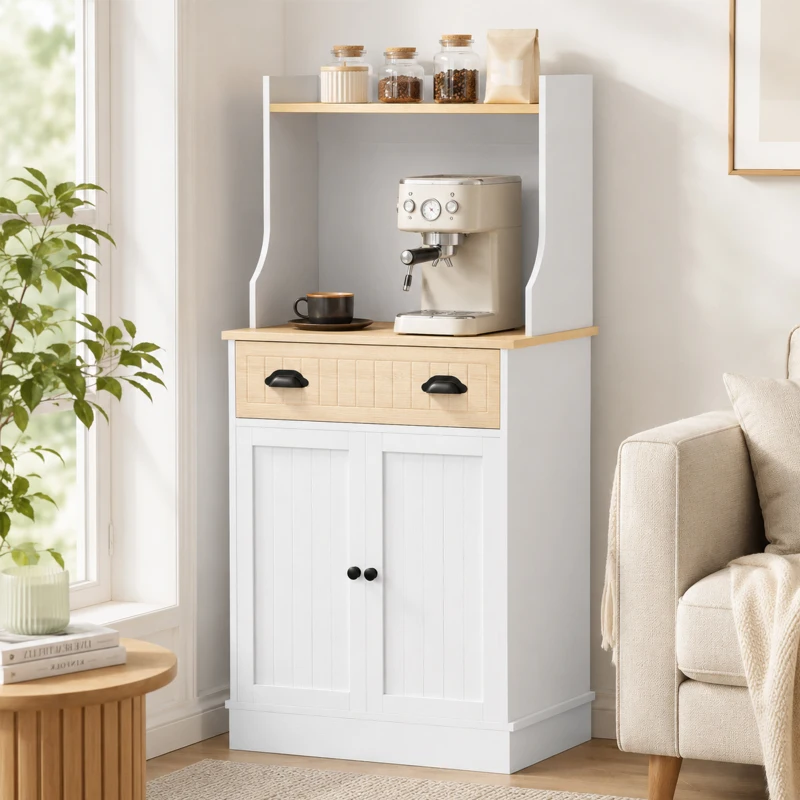 HOMCOM Mueble armario para microondas para cocina con espacio abierto 1 cajón y armario 2 puertas 61 x 35 x 125,4 cm roble
