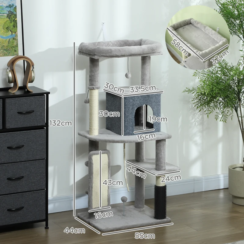 PawHut Copac pentru Pisici Multifuncțional, Înalt de 132 cm, cu Căsuță, Pat, Stâlpi de Zgâriat, Perie și Minge, Gri