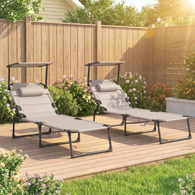 Outsunny Lot de 2 Bains de soleil transats pliables grand confort dossier pare-soleil réglables multi-positions, kaki