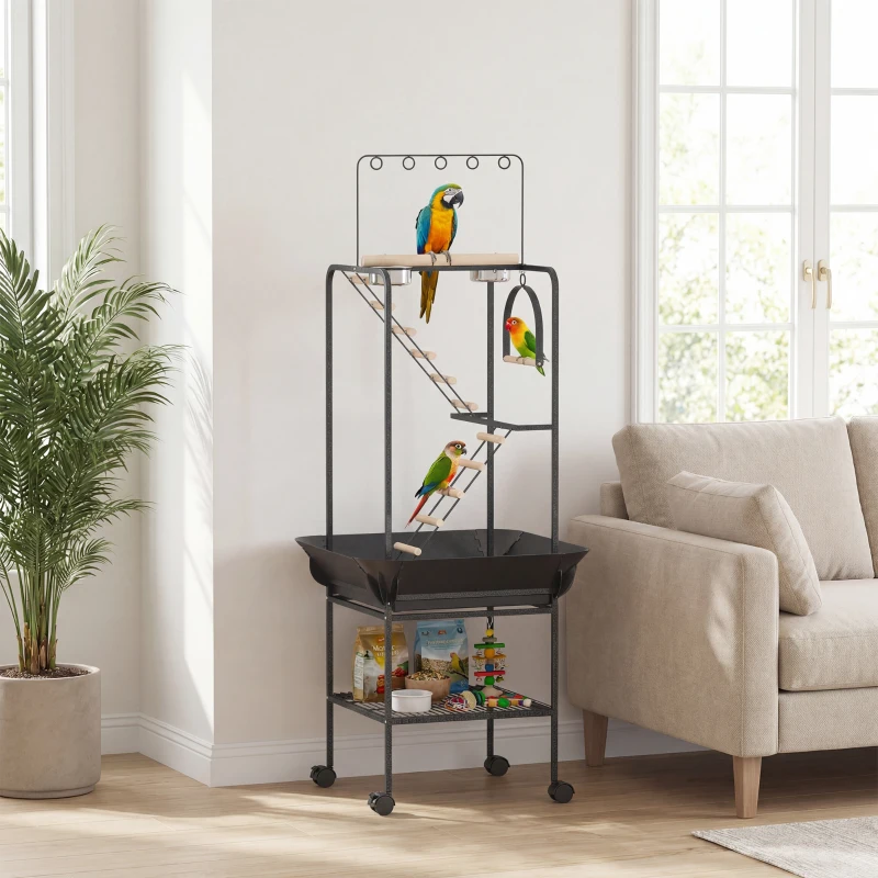 PawHut Parque de Juegos de Pájaros con Ruedas Escaleras Columpio Protector de Semillas Bandeja Comederos Perchas 63x63x163 cm