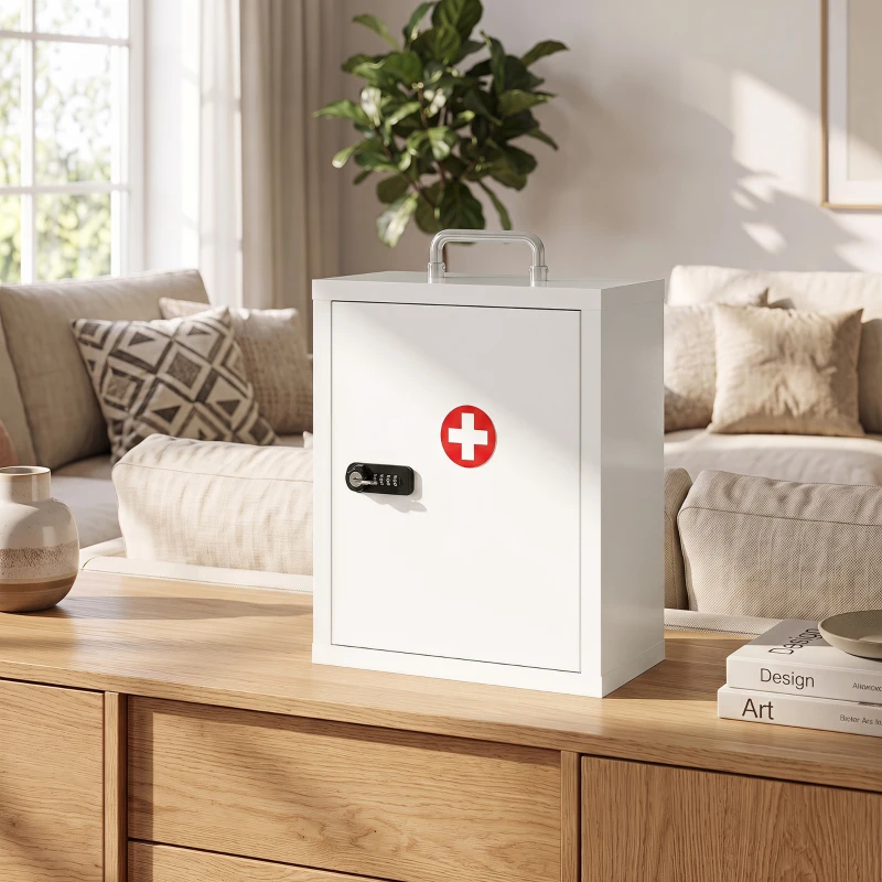 HOMCOM Wall Mount Medicine Cabinet with Combination and Key Lock, 3 Tier Steel First Aid Cabinet, White