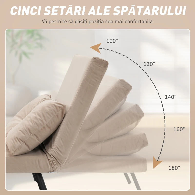HOMCOM, Fotoliu Pat 3 în 1, Cu Spătar Reglabil și Pernă, din Material cu Aspect Catifelat, 63x73x81 cm, Bej