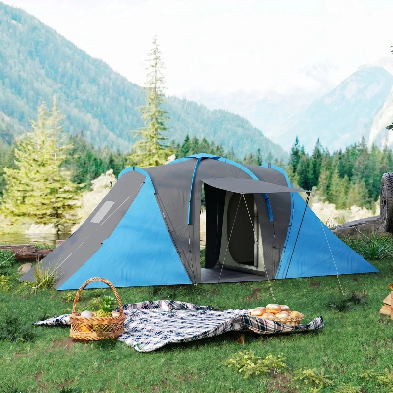 Outsunny Tienda de Campaña para de 4 Personas con 2 Dormitorios Tienda de Camping Impermeable 2000mm 555x225x190 cm Gris y Azul