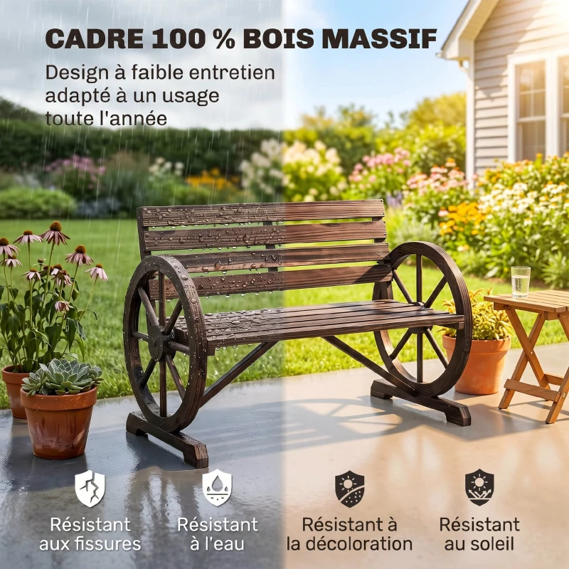 Outsunny Banc de Jardin banc 3 places banc en bois Style Rustique Chic accoudoirs Roues Charette Bois Sapin traité carbonisation