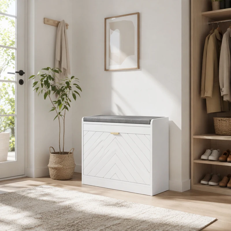 HOMCOM Banco Zapatero con Cajón Abatible Puerta y Asiento Acolchado 60x26x52,5 cm Blanco