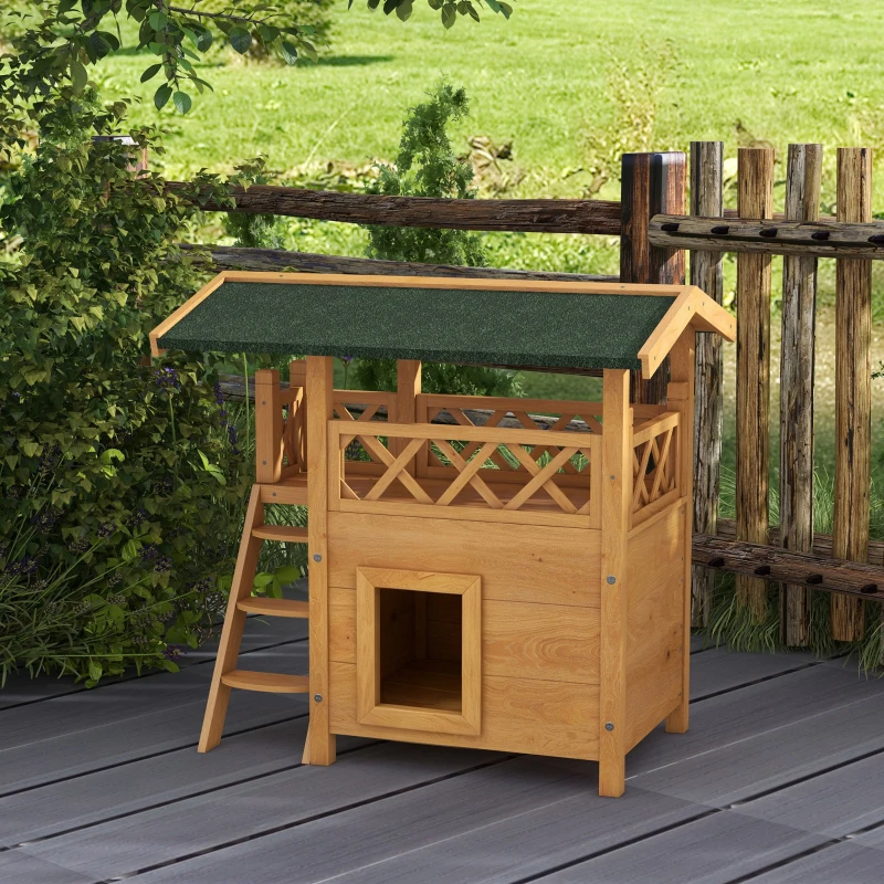 PawHut Cabane Chat Extérieur avec Terrasse, Escalier, Toit, Niche Villa, 77 x 50 x 73 cm Bois Naturel et Vert