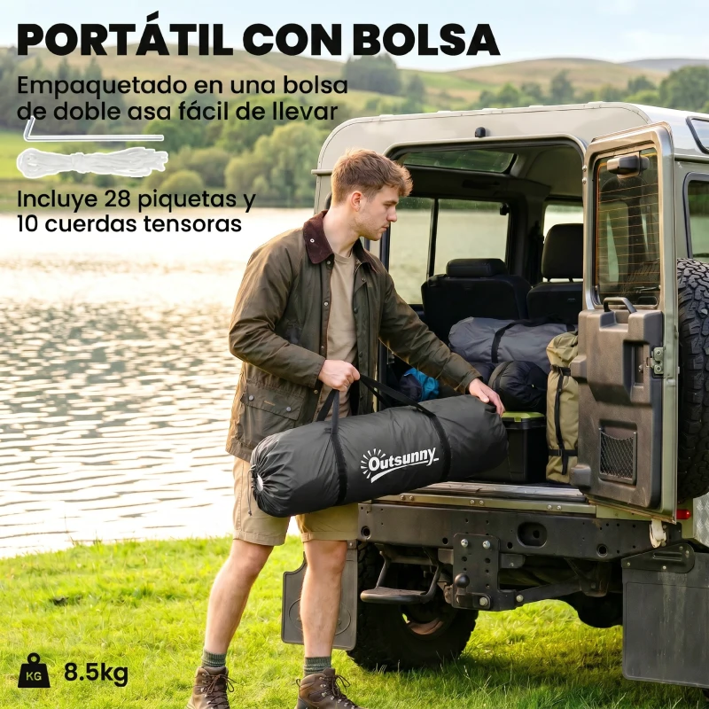 Outsunny Tienda de Campaña para de 4 Personas con 2 Dormitorios Tienda de Camping Impermeable 3000 mm 555x225x190 cm Gris Verde