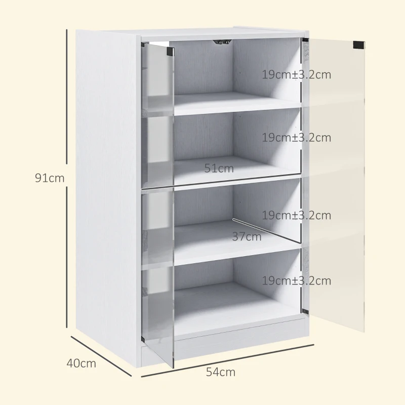 HOMCOM 4-Tier Hi-Fi Stand,  Record Player Stand with Adjustable Shelves and Push-to-Open Glass Doors, White Wood-Effect