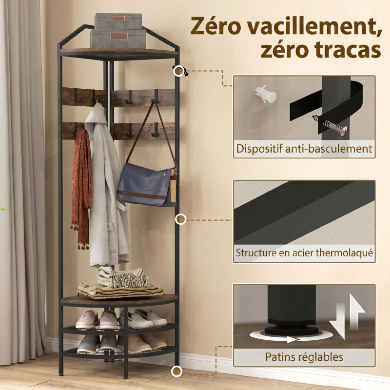 HOMCOM Meuble d'entrée d'angle, vestiaire à 4 niveaux, rangement pour chaussures, 8 patères mobiles, 2 étagères, brun rustique