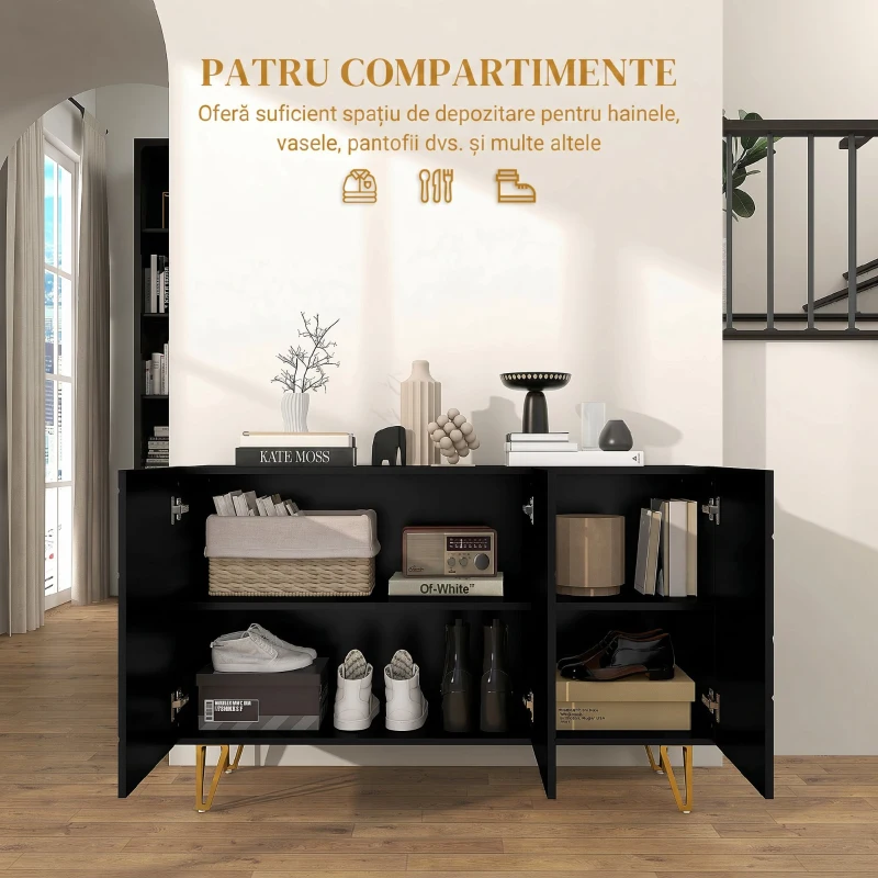 HOMCOM Dulap Mobil cu 2 Dulapuri și Raft Reglabil, din PAL și Metal, 120x40x75 cm, Negru și Auriu