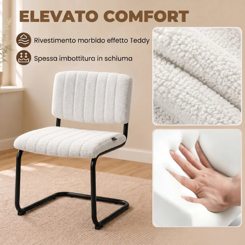 HOMCOM Set 2 sedie da pranzo imbottite in tessuto teddy con gambe a slitta, crema