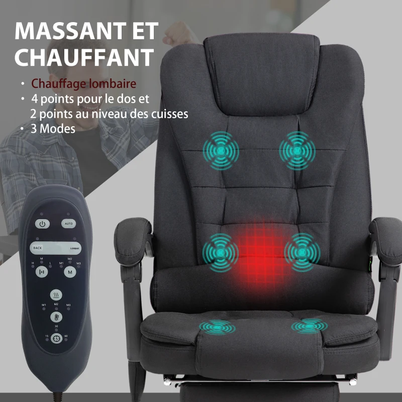 Vinsetto Fauteuil de bureau direction massant chauffant hauteur réglable dossier inclinable toile de lin noir