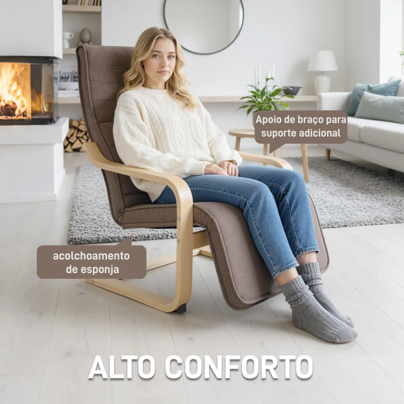 HOMCOM Poltrona Relax com Apoio para os Pés Ajustáveis Poltrona Estofada em Tecido com Estrutura de Madeira 66,5x94x100 cm Marrom