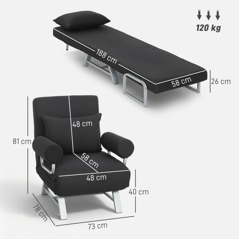 HOMCOM Single Sofa Bed, 3-in-1 Convertible Folding Chair Bed with Adjustable Backrest, Removable Armrests, Black