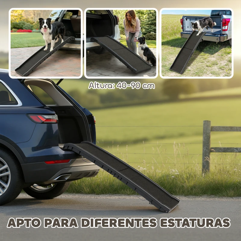 PawHut Rampa para Perros 155 cm Rampa para Perros para Coche Plegable con Asa Ángulo Ajustable Negro