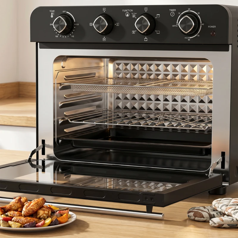 HOMCOM Friteuse à Air Chaud 36L, Four à Air Chaud 1800 W avec Rôtissoire, Plaque de Cuisson, Panier de Friture et Grille, Noir