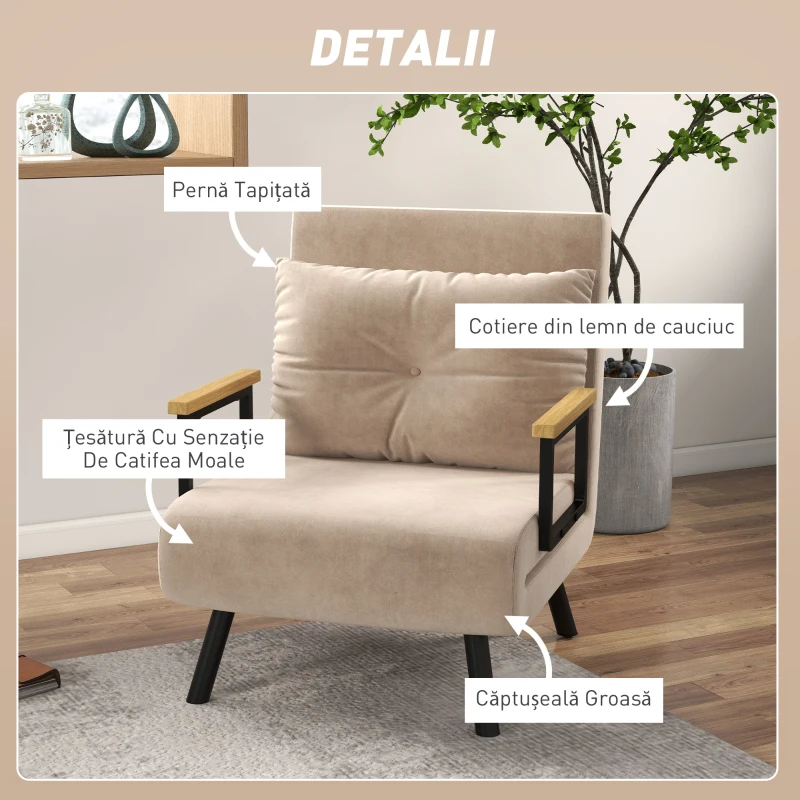 HOMCOM, Fotoliu Pat 3 în 1, Cu Spătar Reglabil și Pernă, din Material cu Aspect Catifelat, 63x73x81 cm, Bej