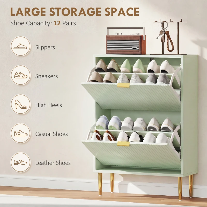 HOMCOM Elegant Two-Drawer Shoe Cabinet - Light Green