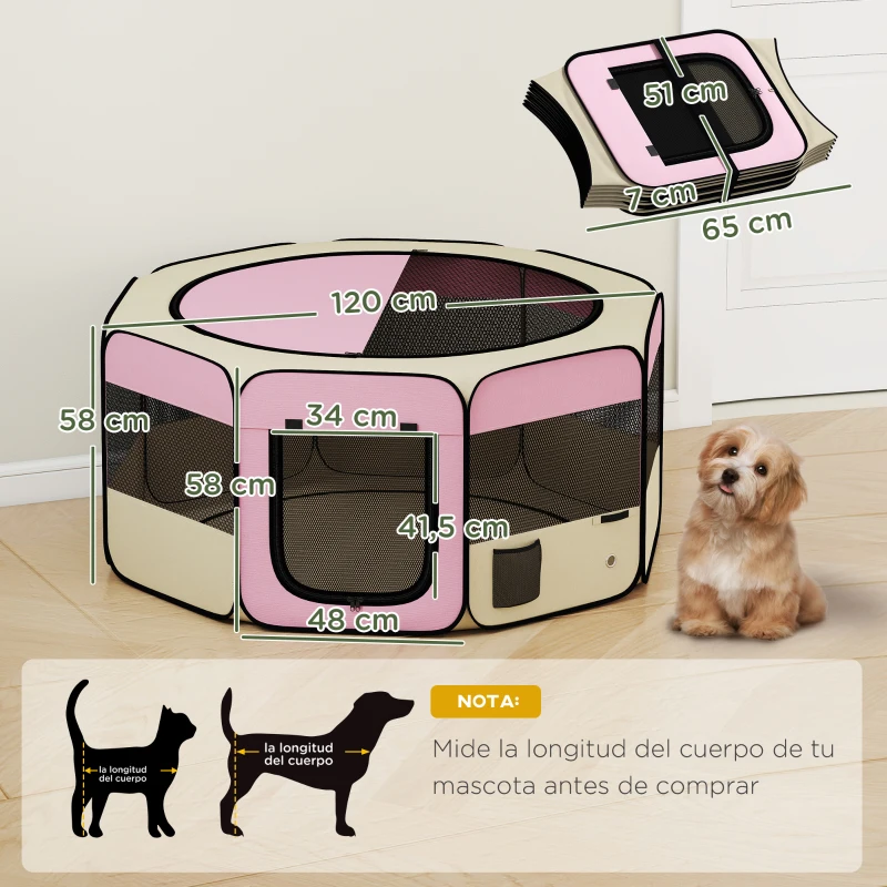 PawHut Parque Plegable para Perros y Gatos Corralito Portátil para Animales Pequeños Impermeable de Tela Oxford Ø120x58cm Rosa