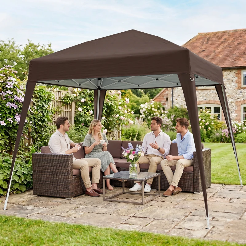 Outsunny Carpa Plegable 2,4x2,4 m Pop-up Cenador de Jardín Altura Ajustable con Bolsa de Transporte Anti-UV Impermeable Café