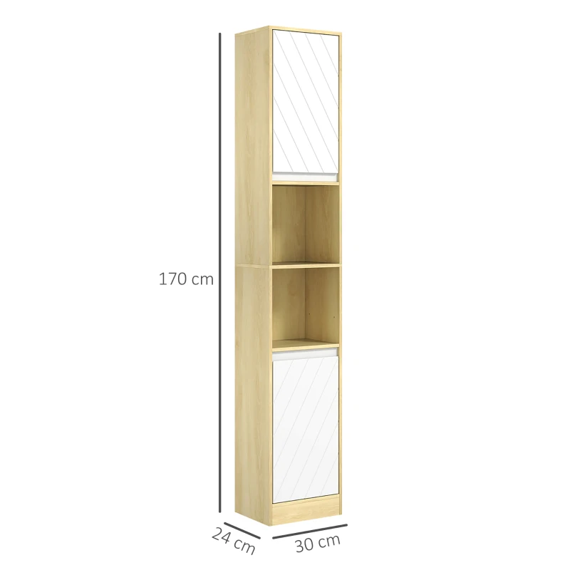 HOMCOM Columna de Baño Estrecha con 2 Puertas y 2 Estantes Abiertos, para Espacios Pequeños, 30x24x170 cm, Roble y Blanco
