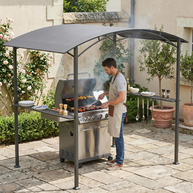 Outsunny Cenador para Barbacoa de 2,4 x 1,5 m Cenador de Pérgola Exterior con 2 Estantes Laterales y Ganchos Gris Oscuro