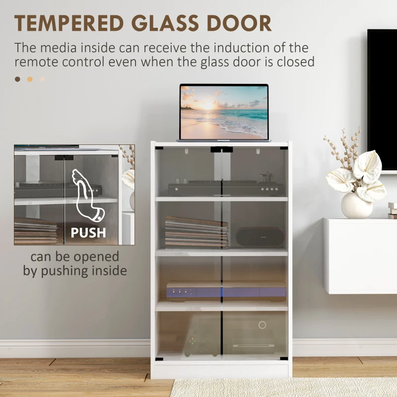 HOMCOM 4-Tier Hi-Fi Stand,  Record Player Stand with Adjustable Shelves and Push-to-Open Glass Doors, White Wood-Effect