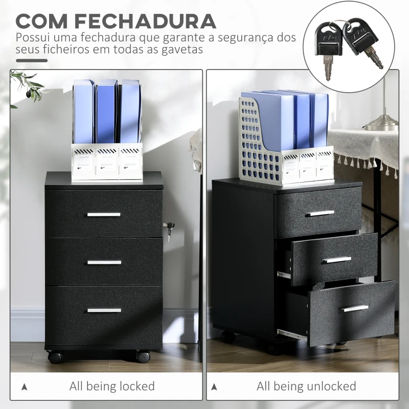 Vinsetto Bloco de Gavetas para Escritório Móvel de Arquivos com 3 Gavetas e Fechadura para Secretária Casa 40x40x61,5 cm Preto