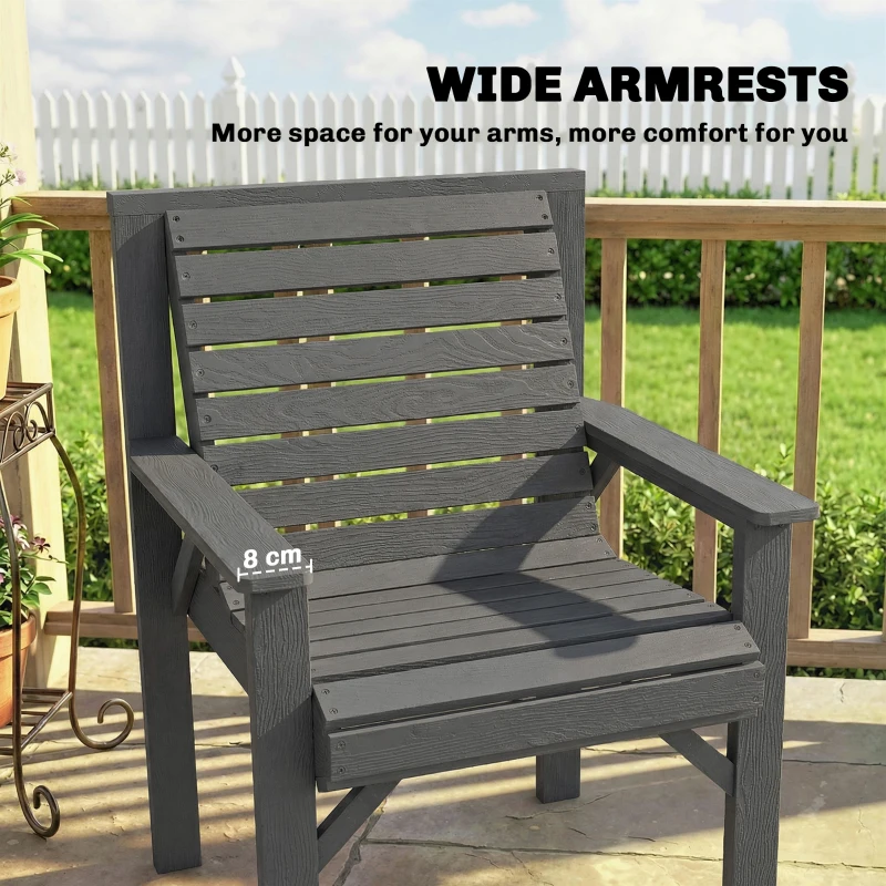 Outsunny Wooden Garden Dining Chair, Outdoor Chair Garden Armchair with Curved Seat and Wide Armrests, Grey Embossed Finish