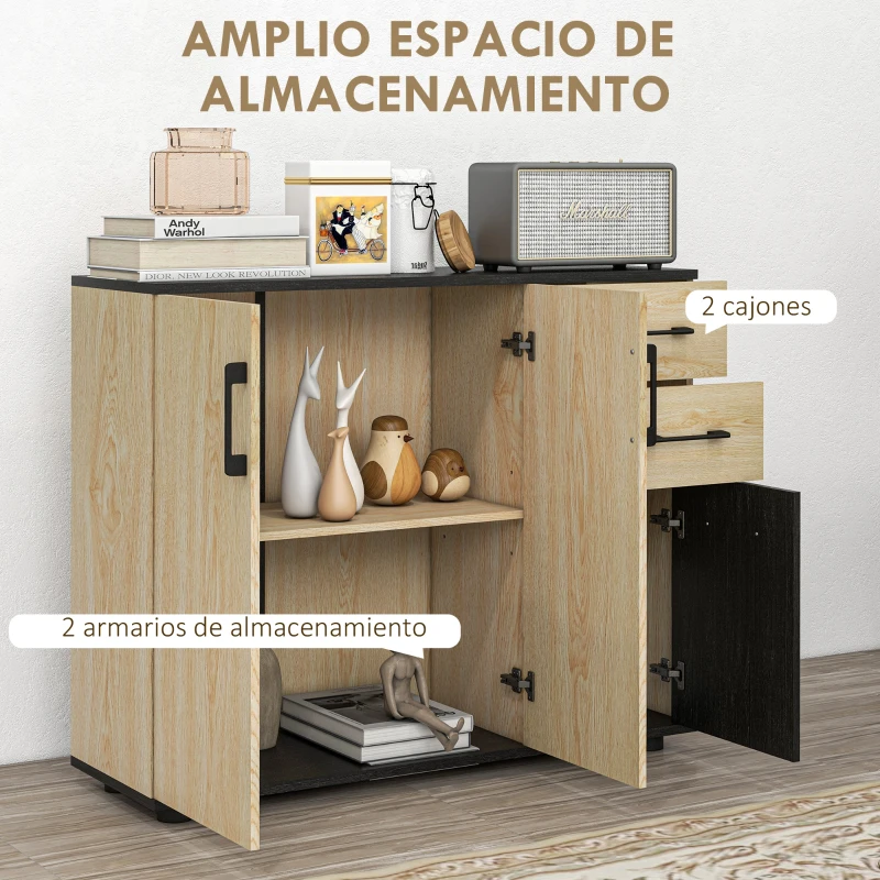 HOMCOM Aparador de Salón Estrecho con 2 Puertas 2 Cajones Estante Ajustable 90x30x75,5 cm Natural y Negro