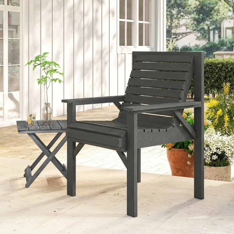 Outsunny Wooden Garden Dining Chair, Outdoor Chair Garden Armchair with Curved Seat and Wide Armrests, Grey Embossed Finish