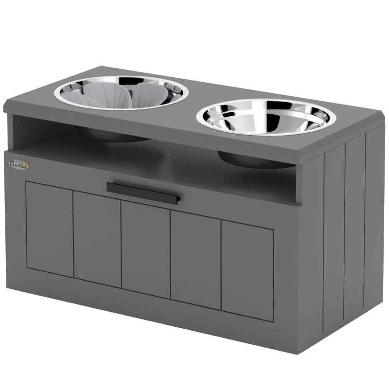 PawHut Gamelle Chien Surélevée avec Bols Anti-Glouton & Eau en Acier Inoxydable, Tiroir de Rangement, 60x30x35cm, Gris