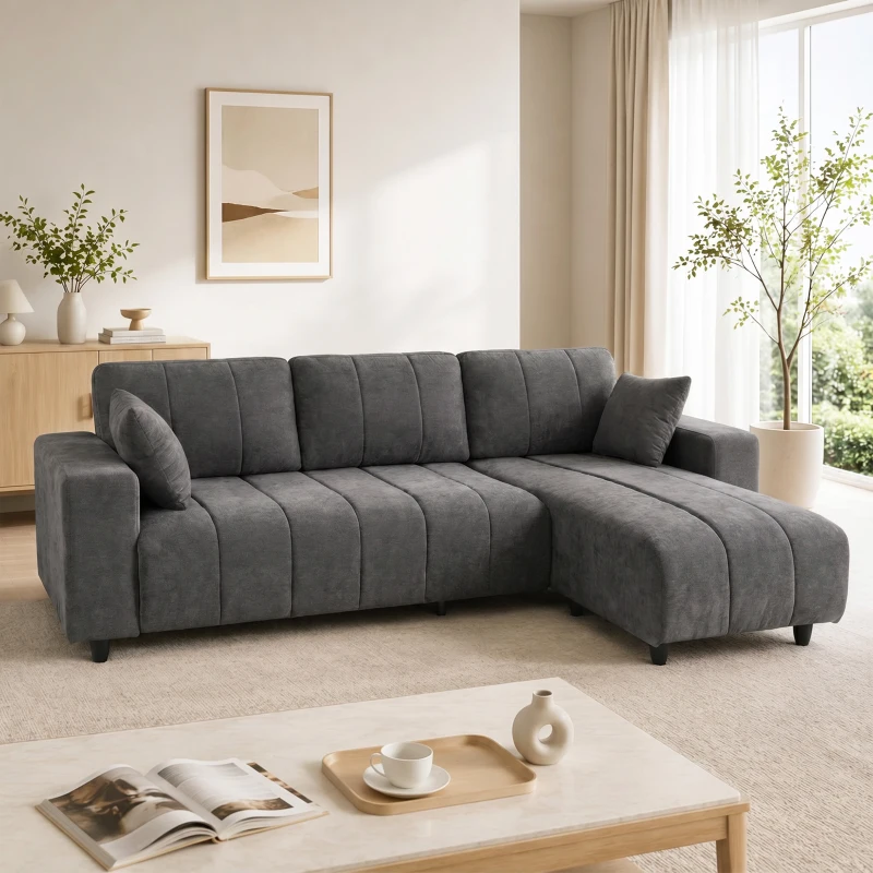 HOMCOM Sofá Esquinero Modular 242 cm 3 Plazas en L con Chaise Longue Reversible 2 Cojines Tejido Efecto Lino Gris
