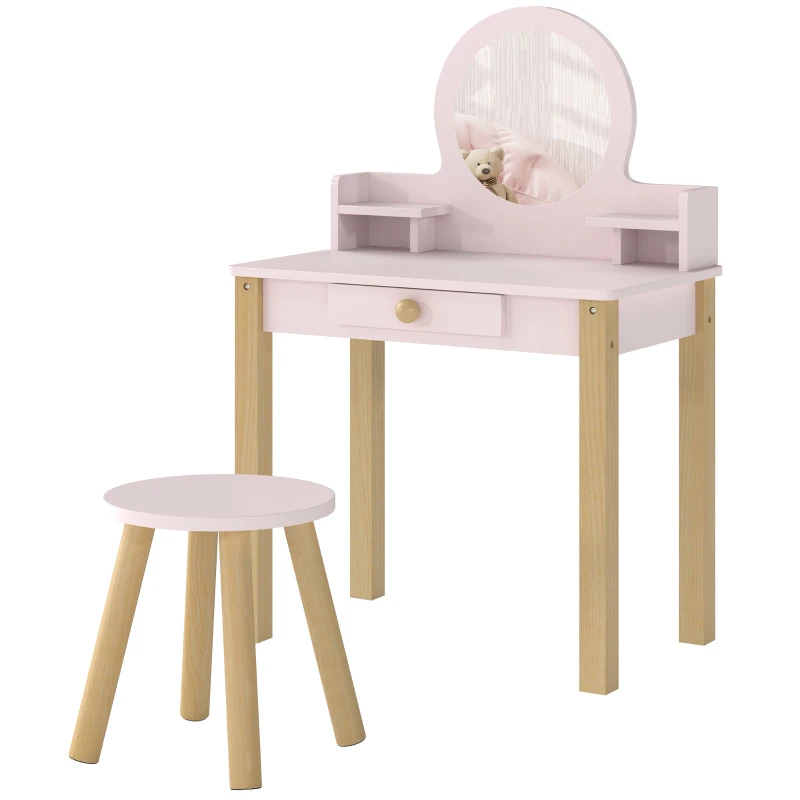 AIYAPLAY Set Masă de Toaletă pentru Fete cu Taburet, Oglindă, Sertar, din Lemn de Pin și MDF, pentru 3-6 Ani, Roz