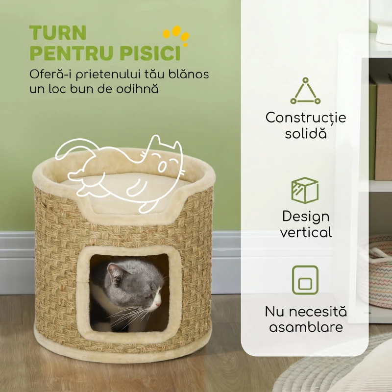 PawHut Ansamblu de Zgâriat pentru Pisici, 37 cm, 2 Niveluri, cu Ascunzătoare și Sfoară din Sisal, până la 5 kg, Kaki
