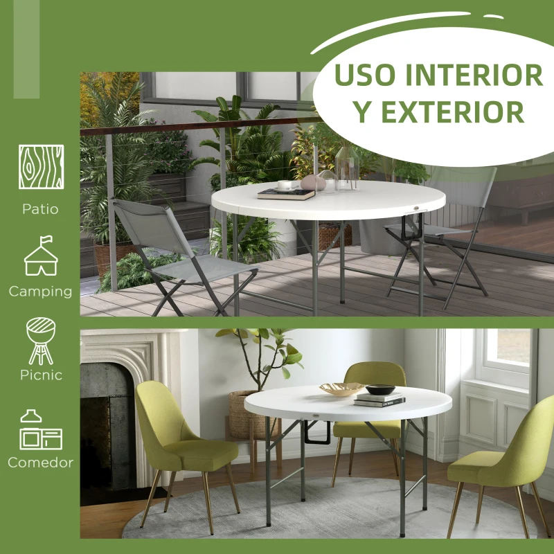 Outsunny Mesa Auxiliar Redonda Mesa de Jardín Plegable con Marco de Acero y Encimera de HDPE Carga 80 kg Ø122x73 cm Blanco
