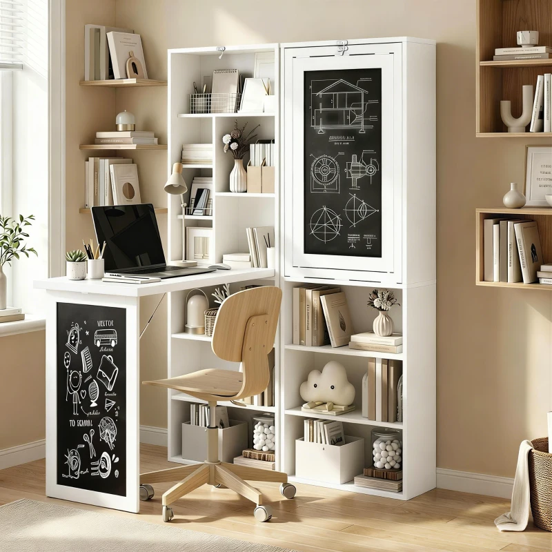 HOMCOM Secretária Dobrável com Prateleira Quadro Preto e Várias Estantes Conversíveis ​​98x51x153 cm Branco