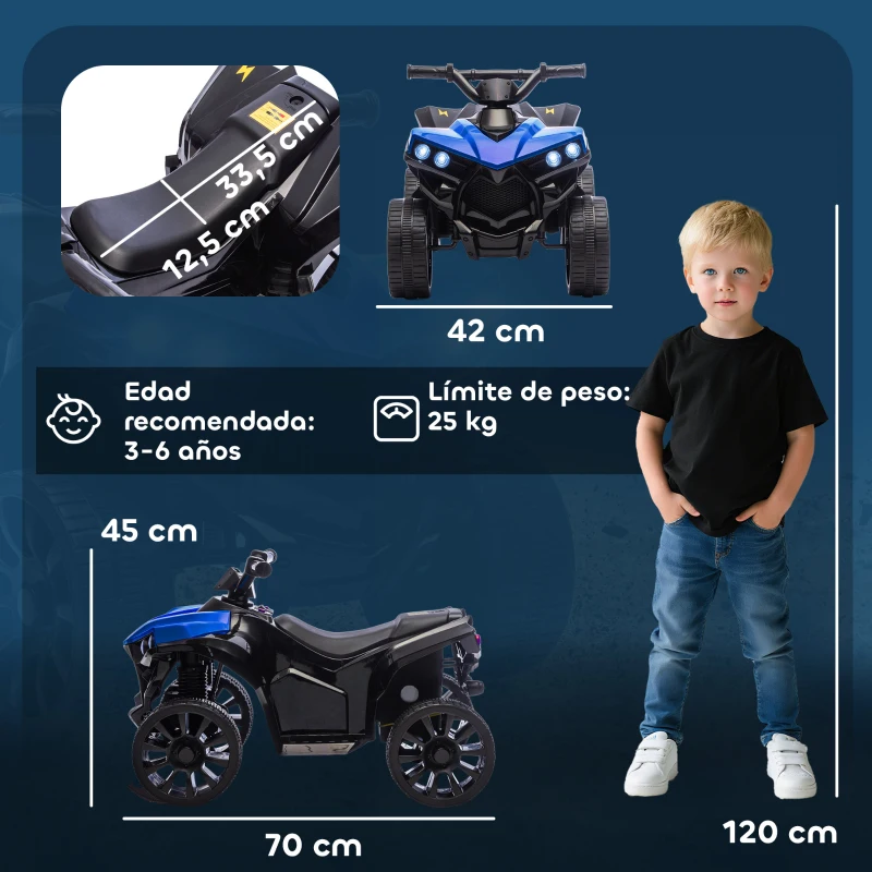AIYAPLAY Quad Eléctrico para Niños 6 V Quad para Niños de 18 a 56 Meses Velocidad hasta 3 km/h Faros y Música 70x42x45 cm Azul