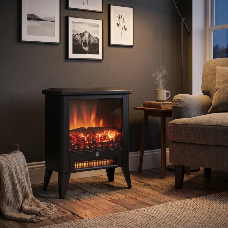 HOMCOM Șemineu Electric de 1800W cu Efect de Flacără la 3 Intensități, din Metal și Sticlă, 36x21x47 cm, Negru