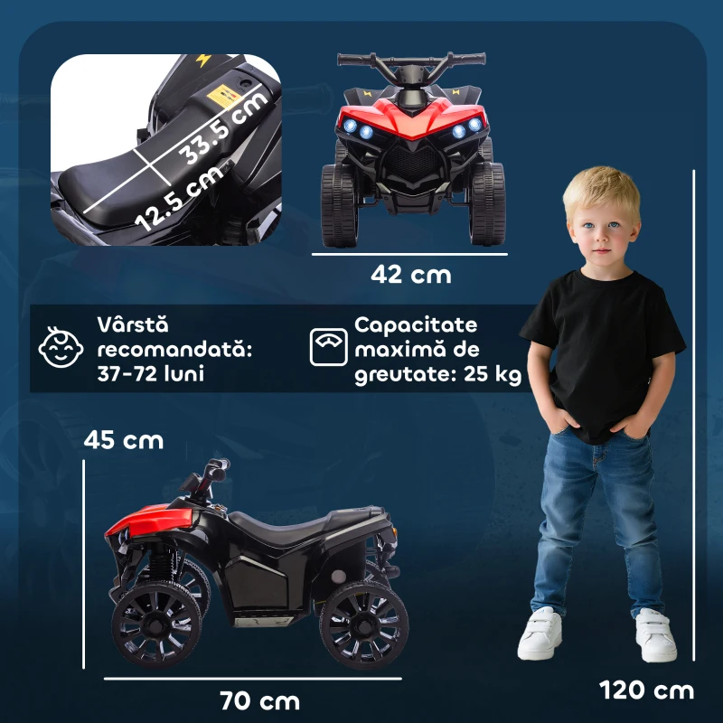 AIYAPLAY ATV Electric pentru Copii cu Baterie Reîncărcabilă 6V, Faruri LED și Muzică, Vârsta 18-56 Luni, Roșu