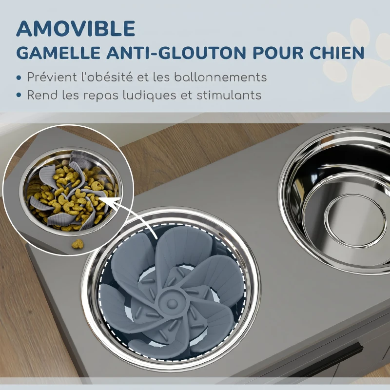PawHut Gamelle Chien Surélevée avec Bols Anti-Glouton & Eau en Acier Inoxydable, Tiroir de Rangement, 60x30x35cm, Gris