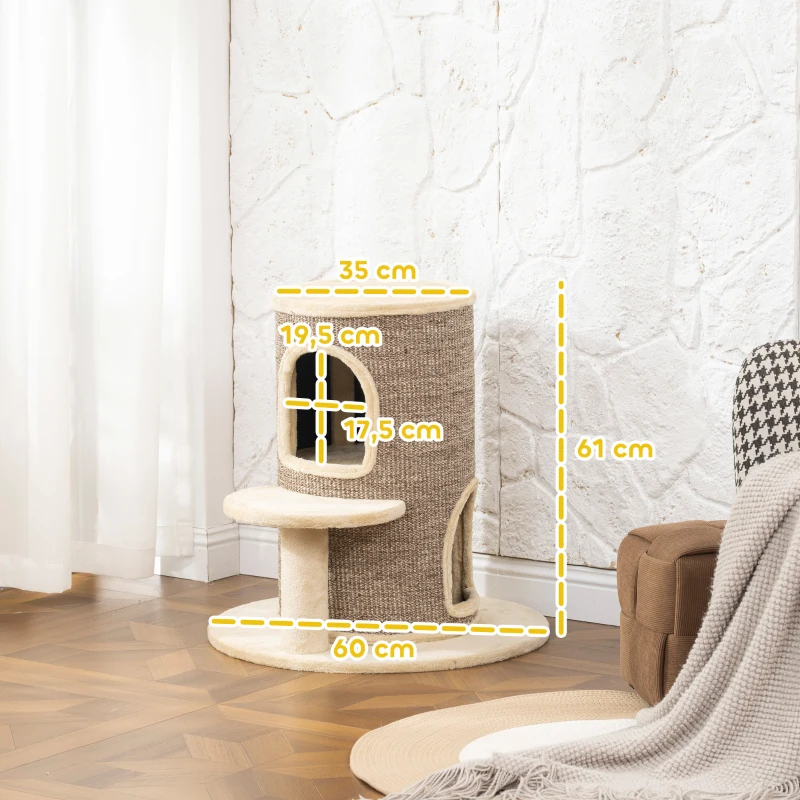 PawHut Torre per Gatti a 2 Livelli con 2 Nascondigli, Piattaforma, Superficie in Sisal, 60x60x 61 cm, Beige e Marrone