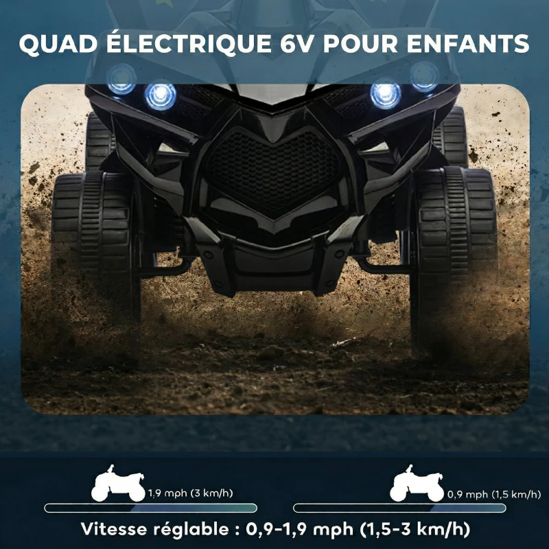 AIYAPLAY Quad Électrique Enfant 6V, Voiture Électrique Enfants ATV, Musique et Phares LED, 18-56 Mois, 70x42x45cm, Noir