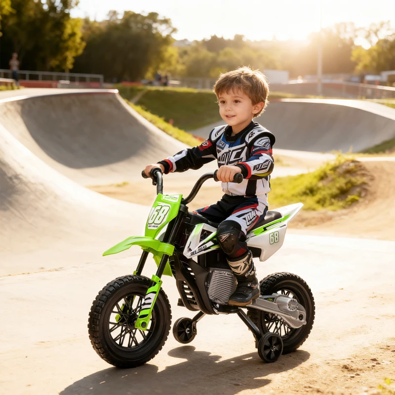 AIYAPLAY Moto Eléctrica para Niños de +3 Años con Batería 12V Música y Ruedas Auxiliares Carga 30 kg Verde