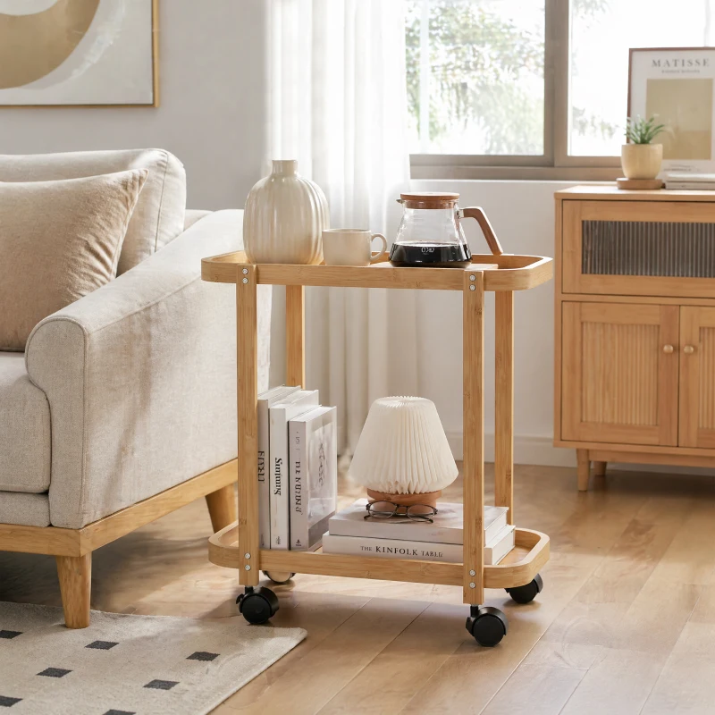 HOMCOM Carrito de Cocina de Bambú de 2 Niveles Carrito Auxiliar para Cocina con Ruedas 2 Estantes 54x36,5x60 cm Natural
