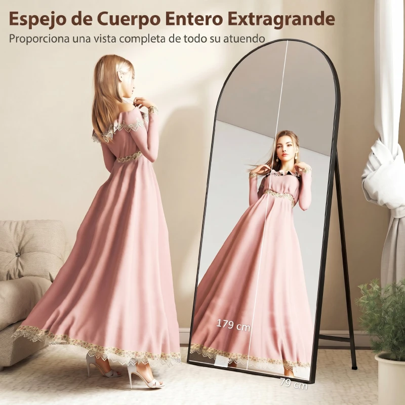 HOMCOM Espejo de Cuerpo Entero 180x80 cm Marco de Aluminio Independiente Apoyado y de Pared Negro