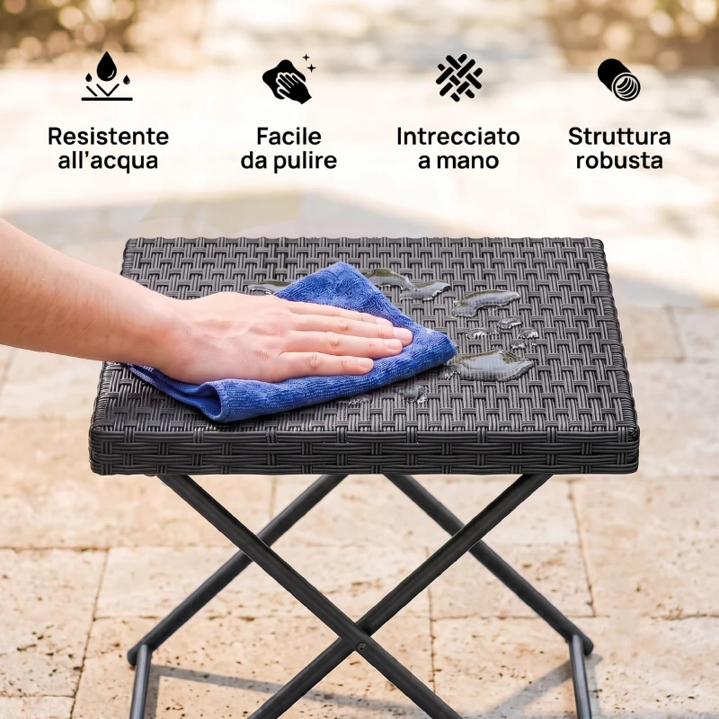 Outsunny Tavolino da Giardino Pieghevole Salvaspazio in Rattan Sintetico e Acciaio, 40x40x40cm, Nero