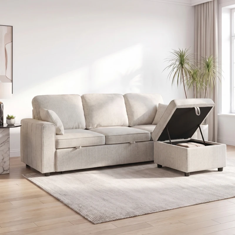 HOMCOM Eck-Schlafsofa aus Chenille, Modulares 3‑Sitzer-Schlafsofa 225 cm mit Aufbewahrungs-Pouf, Beige