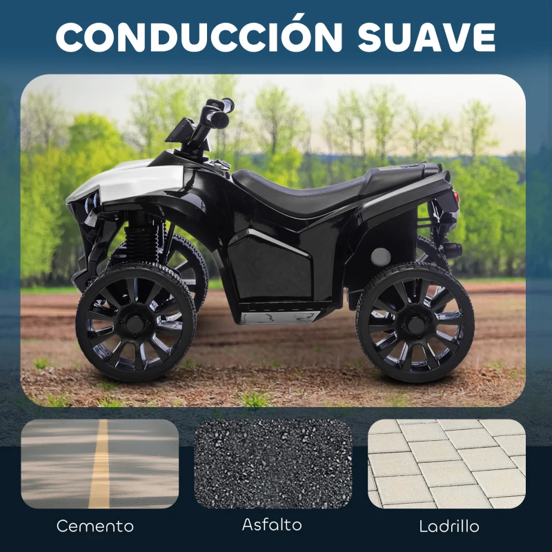 AIYAPLAY Quad Eléctrico para Niños 6 V Quad para Niños de 18 a 56 Meses Velocidad hasta 3 km/h Faros y Música 70x42x45 cm Blanco