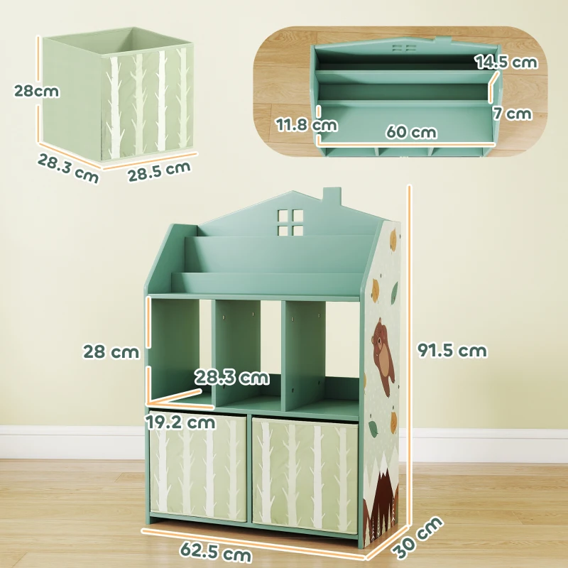 AIYAPLAY Kids Bookshelf with Storage, Toy Storage Unit with Book Display, Shelves and Fabric Drawers for Playroom Nursery, Green